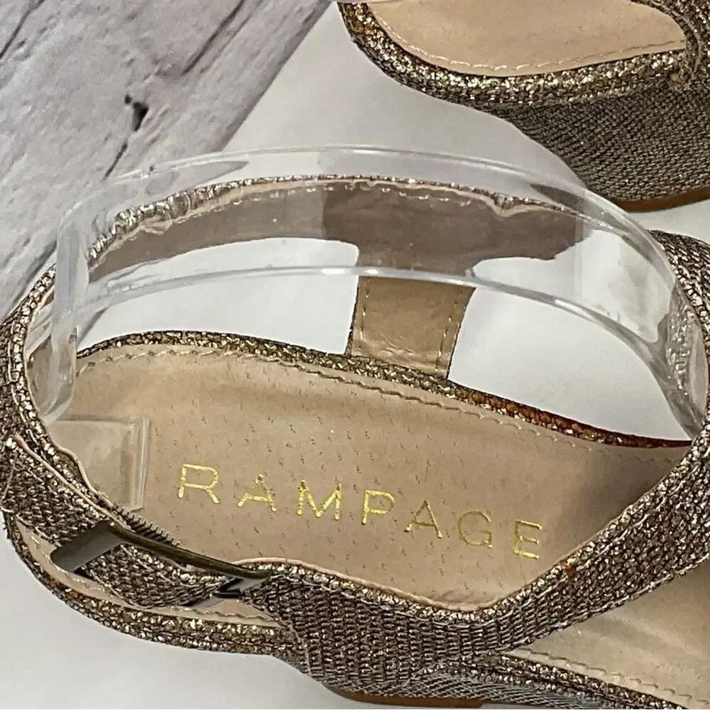 Rampage Sandals Women's Size 7 Rose Gold Glitter T-Strap Wedge Platform Vacation